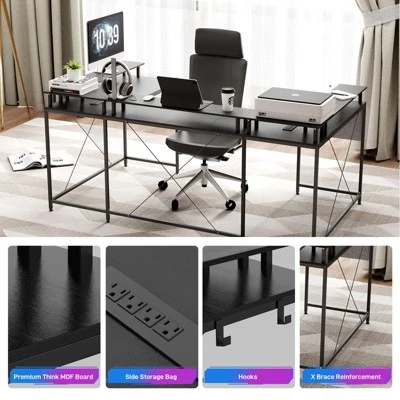 U Shaped Desk, 126 Inch Gaming Desk With Monitor Stand And LED Lights, Reversible Shaped Large Computer Desk With Power Outlets, Office Desk 9 U Shaped Desk, 126 Inch Gaming Desk With Monitor Stand And LED Lights, Reversible Shaped Large Computer Desk With Power Outlets, Office Desk - Image 7