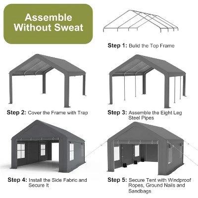 Carport, Portable Garage 13x20FT Heavy Duty - Galvanized Frame, 180g PE Waterproof Canopy With 4 Doors (2 Side Doors) & 4 Windows For Truck, Boat 4 Carport, Portable Garage 13x20FT Heavy Duty - Galvanized Frame, 180g PE Waterproof Canopy With 4 Doors (2 Side Doors) & 4 Windows For Truck, Boat - Image 2