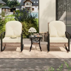TROPOW 3 PCS Patio Rocking Chairs Outdoor Rattan Bistro Set, Patio Sets , Outdoor Furniture Set Wicker 2Rocking Chairs & 1Table ,Beige & Black -Furniture GUEST f587e10d 0531 4e87 92fb 6ee97a68af07