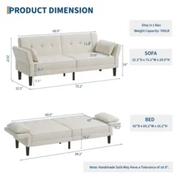 89" Futon Sofa Bed, Modern Sleeper Sofa With Adjustable Backrest & Armrest, Convertible Futon Couch Bed With 2 Pillows For Living Room, Bedroom -Furniture GUEST f68b9ae3 d907 45a2 8a19 3f8564c7557b