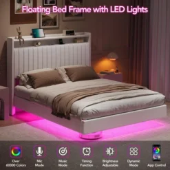Queen Size Bed Frame With Lights & Charging Station, Upholstered Platform Bed Frame Wth Storage Headboard, 50¡± Tall Headboard, White -Furniture GUEST fa820292 dc8e 45d0 ad4c 4dfd894322fa