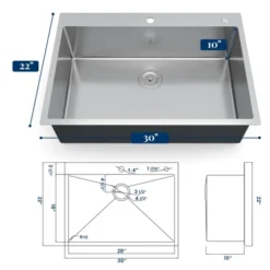 Single Bowl Stainless Steel Kitchen Sinks 30 Inch Topmount Sinks – Brushed 1.35mm Handcrafted Sink With Bottom Grid, Drain Basket, Drain Assembly