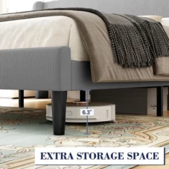 Queen Size Bed Frame With Upholstered Headboard,Wooden Platform Bed Frame With 2 Storage Pockets,Vertical Channel Tufted Wingback,Light Gray -Furniture GUEST fc08f9f3 3463 4e7c 8405 dfaafb7cb8e4