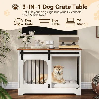 Dog Crate Furniture, 39.4" Dog Kennel For Dogs Up To 70 Lb, With Bed Mat, Heavy-Duty Dog Cage End Table, Three Doors Dog House, White/Brown 9 Dog Crate Furniture, 39.4" Dog Kennel For Dogs Up To 70 Lb, With Bed Mat, Heavy-Duty Dog Cage End Table, Three Doors Dog House, White/Brown - Image 7