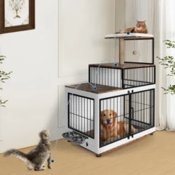 Dog Crate Furniture With Cat Tower & Shelving Unit, Wooden Dog Kennel For Medium Small Breed With Double Doors And 2 Adjustable Bowls -Furniture GUEST fda8f6e0 fb6f 42fb 9afa b3b6472eeff9