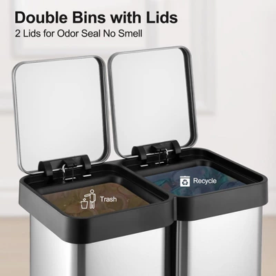 Dual Trash Recycle Bin - 16 Gallon Stainless Steel Kitchen Step Can With Soft-Close Lid, Hands-Free Foot Pedal, 8+8 Gal Combo For Waste & Recycling 3 Dual Trash Recycle Bin - 16 Gallon Stainless Steel Kitchen Step Can With Soft-Close Lid, Hands-Free Foot Pedal, 8+8 Gal Combo For Waste & Recycling