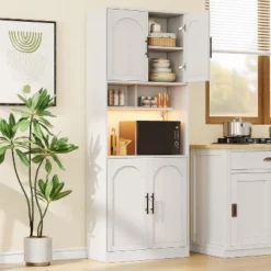 71" Pantry Cabinet, Tall Kitchen Hutch With Led Lights, Freestanding Kitchen Cabinet With Microwave Shelf, For Dining Room, Bathroom, Living Room -Furniture GUEST ff7f0b49 59ce 4e14 8348 a96a337534f0